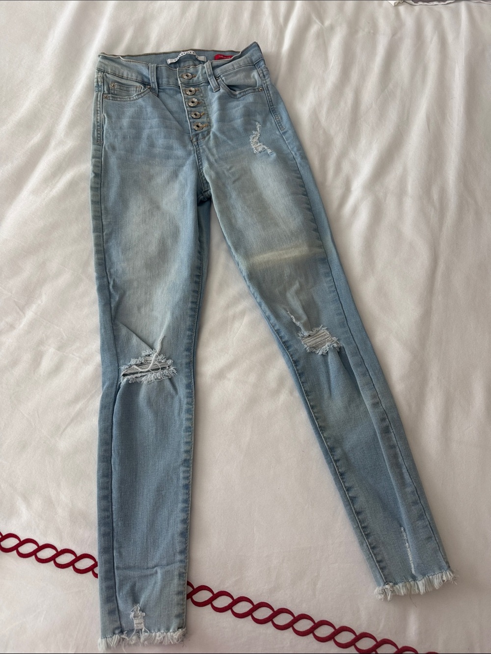 Celebrity Pink - the spice - Light Blue Distressed button fly Skinny Jeans